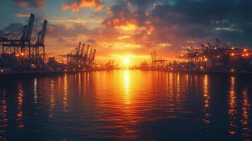 A sunset over a harbor with cranes and ships photo