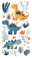 Cute dinosaurs and plants in a cartoon style photo