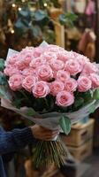 A woman holding a bouquet of pink roses photo
