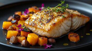 A piece of fish with vegetables on a black plate photo