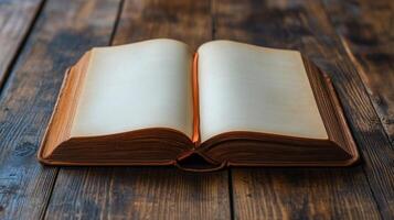 An open book on a wooden table photo