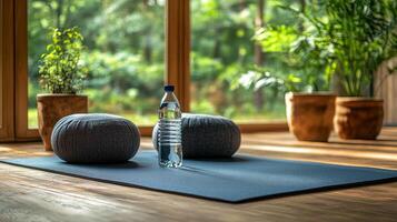 A yoga mat and water bottle on a wooden floor photo