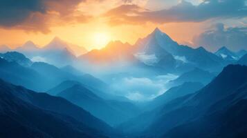 The sun is setting over the mountains in this photo