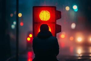 A man sitting on the side of a street with a traffic light photo
