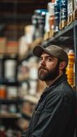 A bearded man in a warehouse with shelves full of paint photo