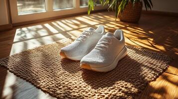 White sneakers on a mat in front of a window photo