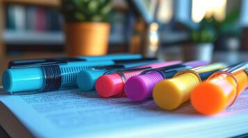 Colorful pens on a book with a plant in the background photo