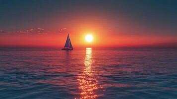 A sailboat is sailing in the ocean at sunset photo