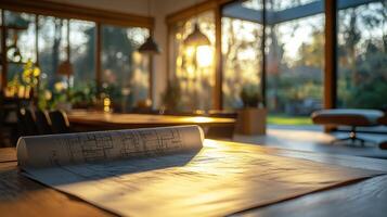 A blueprint on a table in front of a window photo