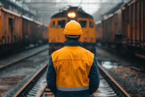 A man in a hard hat standing in front of a train photo