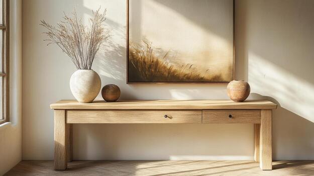A wooden console table with a vase on it photo