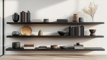 Modern shelves with books and vases on them photo