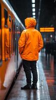 A man in an orange jacket standing in front of a train photo