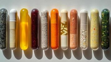A row of colorful pills arranged in a line photo