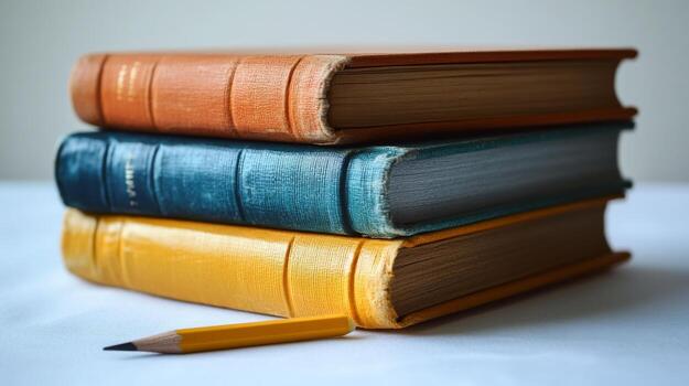 A stack of three books with a pencil photo