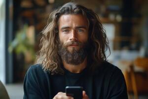 A man with long hair and a beard is looking at his phone photo