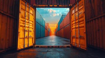 An open door to a warehouse with two shipping containers photo