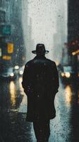 A man in a hat and coat walking down a street in the rain photo