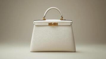 A white handbag with gold hardware photo