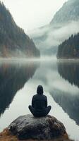 A person sitting on a rock near a lake photo