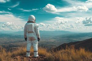 Astronaut standing on top of mountain looking at the sky photo