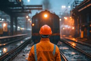 A man in an orange hard hat standing in front of a train photo