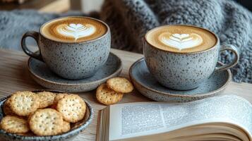 Coffee and cookies on a wooden table photo