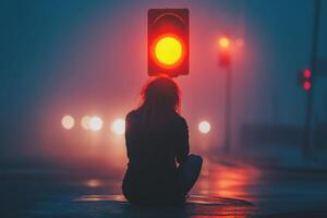 A woman sitting on the ground holding a traffic light photo