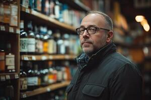 A man in glasses standing in front of shelves of liquor photo