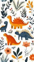 Dinosaur seamless pattern with flowers and leaves photo