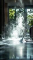 Steam coming out of a window in a large room photo
