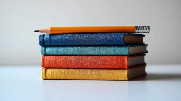 A stack of books with a pencil on top photo