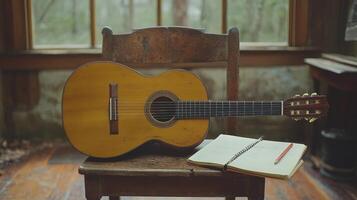 Guitar and notebook on a chair photo