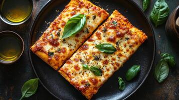Two slices of pizza with basil leaves on a black plate photo