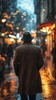 A man in a trench coat walking down a street in the rain photo