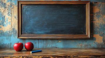 Two apples sit on a wooden table next to a chalkboard photo