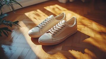 A pair of white sneakers on a wooden floor photo