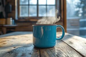 A blue mug with steam coming out of it photo