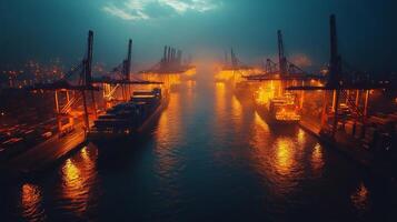 A large port with cargo ships at night photo