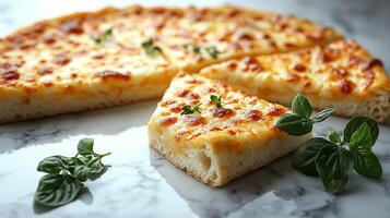 A slice of pizza with cheese and basil leaves photo