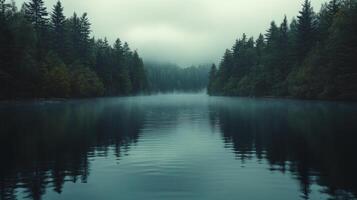 A lake surrounded by trees and fog photo