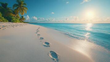 Footprints on the beach at sunset photo