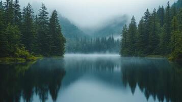 A lake surrounded by trees and fog photo