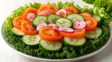 A plate of cucumbers, tomatoes and radishes photo