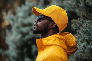 A man in a yellow jacket and sunglasses photo