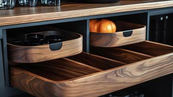 A wooden bar with two drawers and a glass photo