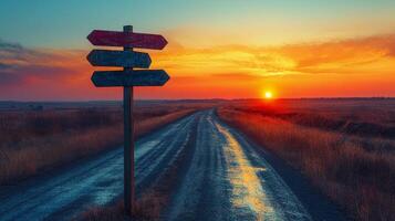 A road sign on a dirt road with a sunset in the background photo