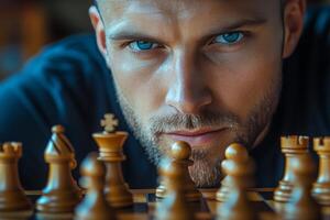 A man with blue eyes is playing chess photo