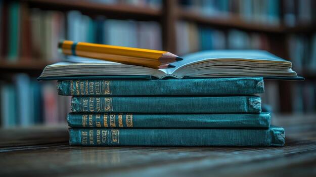 A stack of books and a pencil on a wooden table in a library photo