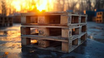 A stack of wooden pallets in front of a sunset photo